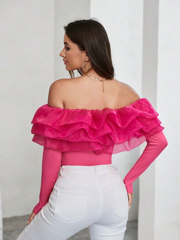 Ruffle Sleeve & Lace-Up Decoration Off Shoulder Slim Fit Bodysuit