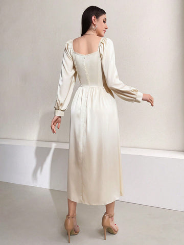 Modely Women's Lantern Sleeve Pleated Square Neckline Dress