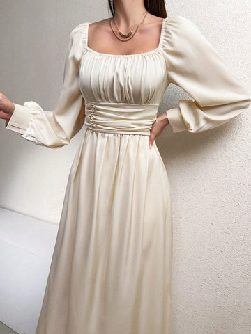 Modely Women's Lantern Sleeve Pleated Square Neckline Dress
