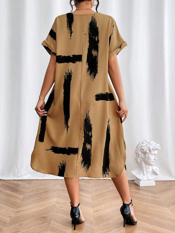 Printed V-Neck Batwing Short Sleeve Dress