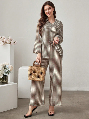Women's Geometric Printed Long Sleeve Shirt And Pants Two Pieces Set
