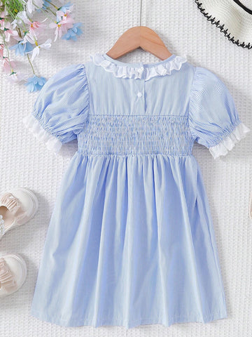 Kids EVRYDAY Young Girl Striped Puff Sleeve Embroidered Dress