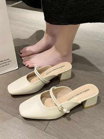 Women's Pearl Mary Jane Shoes With Toe Cap, High Heel Mules, Versatile Block Heeled Sandals