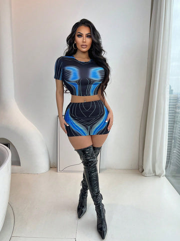 Women's Printed Short Sleeve Cropped Top And Skirt Set