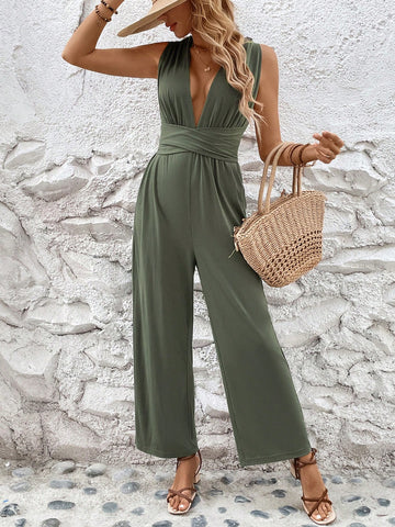 Deep V-Neck Cross Backless Sleeveless Jumpsuit