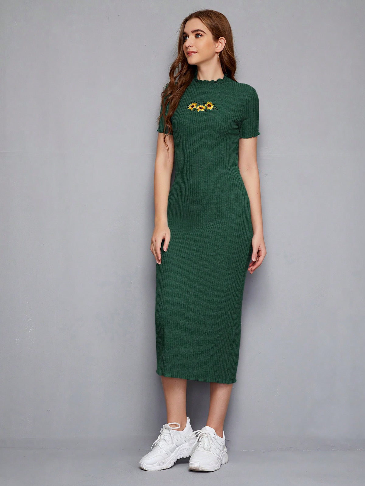 Knit Sunflower Embroidered Lettuce Hem Dress