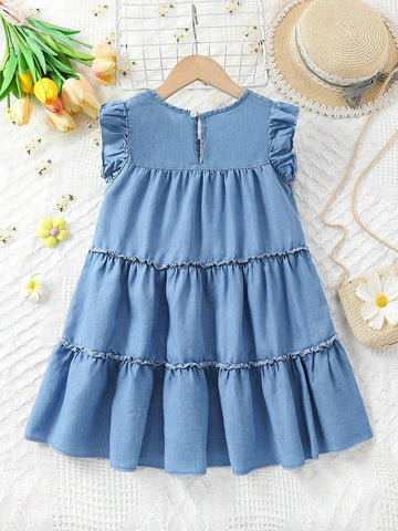 Young Girls' Casual Vacation Style Cute 3d Colorful Flower Patchwork, Short Sleeve, Loose Fit, A Line Denim Dress
