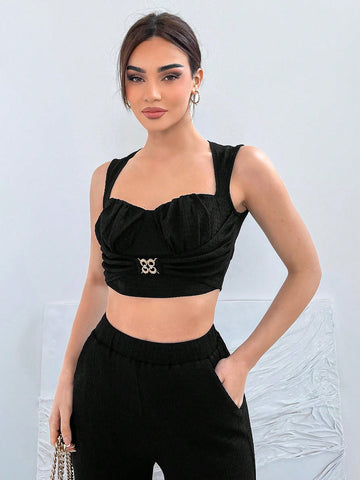 Women's Metal Buckle Design Pleated Cami Top And High Waist Wide Leg Pants Set, Textured Fabric