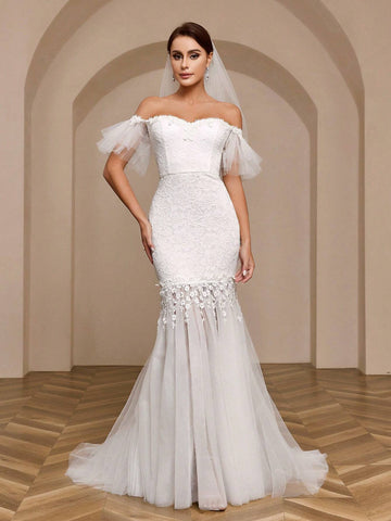 Elegant And Romantic One-Shoulder White Lace Tulle Ruffled Sleeves Slim Mermaid Tail Light Wedding Dress Suitable For Weddings, Festivals, Ramadan Holidays, With Transparent Lace Skirt And Train Wedding Dress