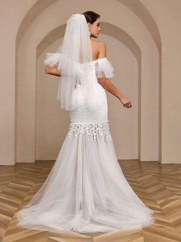 Elegant And Romantic One-Shoulder White Lace Tulle Ruffled Sleeves Slim Mermaid Tail Light Wedding Dress Suitable For Weddings, Festivals, Ramadan Holidays, With Transparent Lace Skirt And Train Wedding Dress