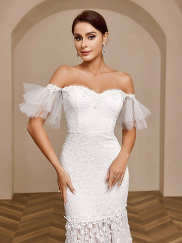 Elegant And Romantic One-Shoulder White Lace Tulle Ruffled Sleeves Slim Mermaid Tail Light Wedding Dress Suitable For Weddings, Festivals, Ramadan Holidays, With Transparent Lace Skirt And Train Wedding Dress