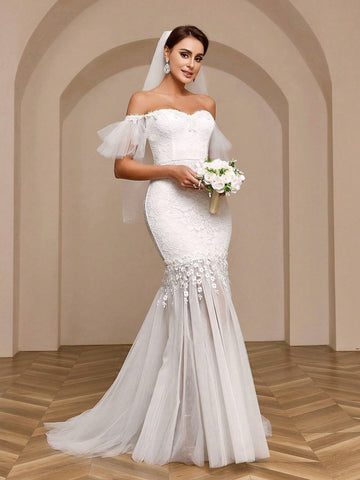 Elegant And Romantic One-Shoulder White Lace Tulle Ruffled Sleeves Slim Mermaid Tail Light Wedding Dress Suitable For Weddings, Festivals, Ramadan Holidays, With Transparent Lace Skirt And Train Wedding Dress