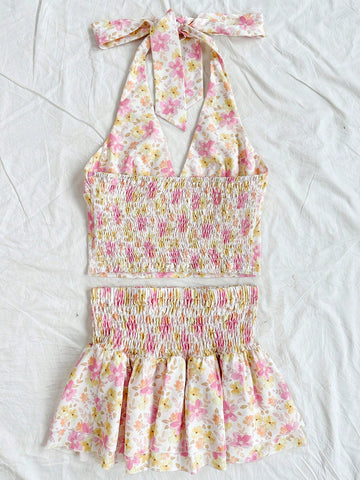 Women's Floral Print Halter Neck Vest Top And A-Line Skirt Set