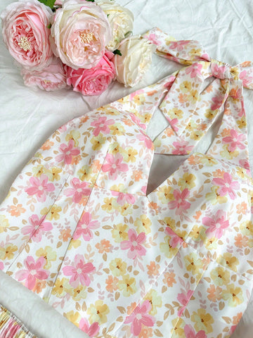 Women's Floral Print Halter Neck Vest Top And A-Line Skirt Set