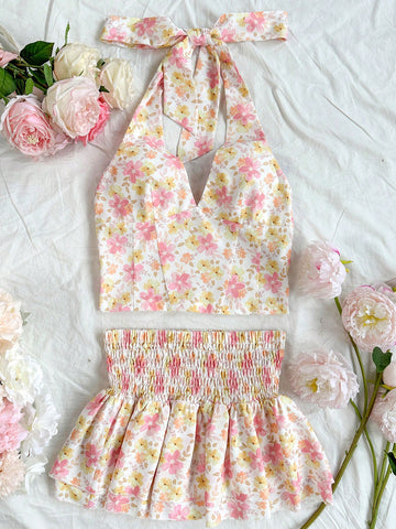 Women's Floral Print Halter Neck Vest Top And A-Line Skirt Set