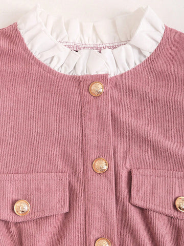Color-Blocking Stand Collar Long Sleeve Button-Up Dress