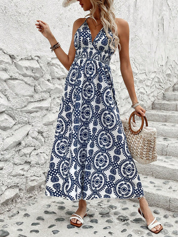 Floral Print V-Neck Loose Fit Strappy Dress
