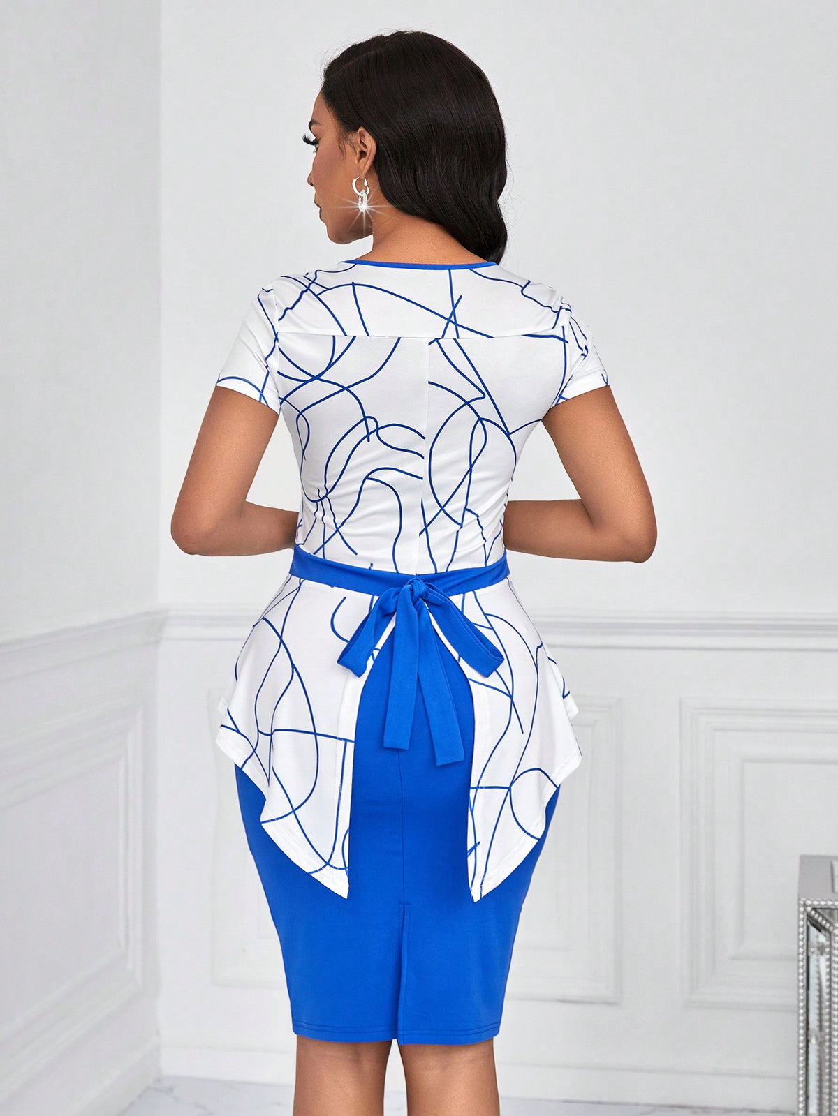 Random Print Top & Solid Color Skirt 2pcs Set