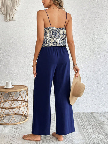 Printed Spaghetti Strap Top And Solid Color Wide Leg Pants Two-Piece Set
