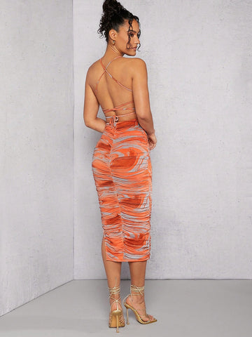 Marble Print Backless Ruched Dress