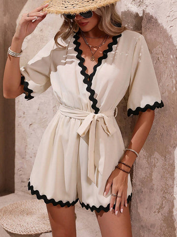 Casual Short-Sleeved Jumpsuit With Contrast Trimmed V-Neck