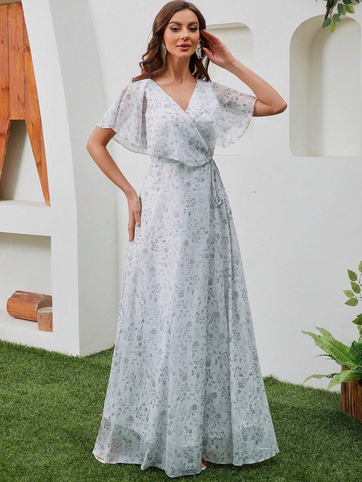 Women's V-Neck Short Sleeve Floral Print Chiffon Dress With Cinching Waist, Perfect For Prom, Evening Party, Bridesmaid