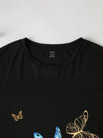 Butterfly Pattern Casual Loose Fit Round Neck Short Sleeve Women's T-Shirt And Cycling Shorts, Perfect For Summer