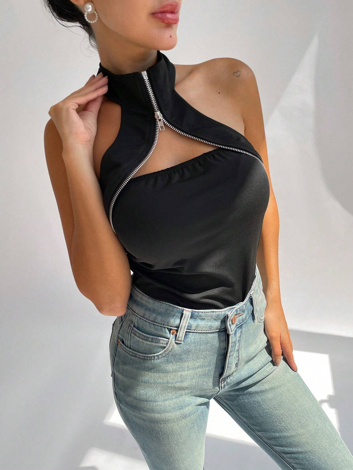 Women's Slim Fit Zipper Neck Halter Bodysuit
