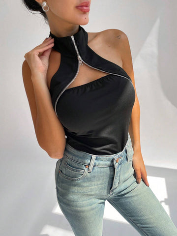 Women's Slim Fit Zipper Neck Halter Bodysuit