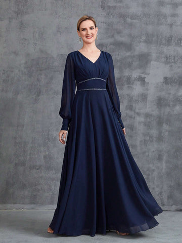 Women's V-Neck Long Lantern Sleeve Chiffon Party Dress