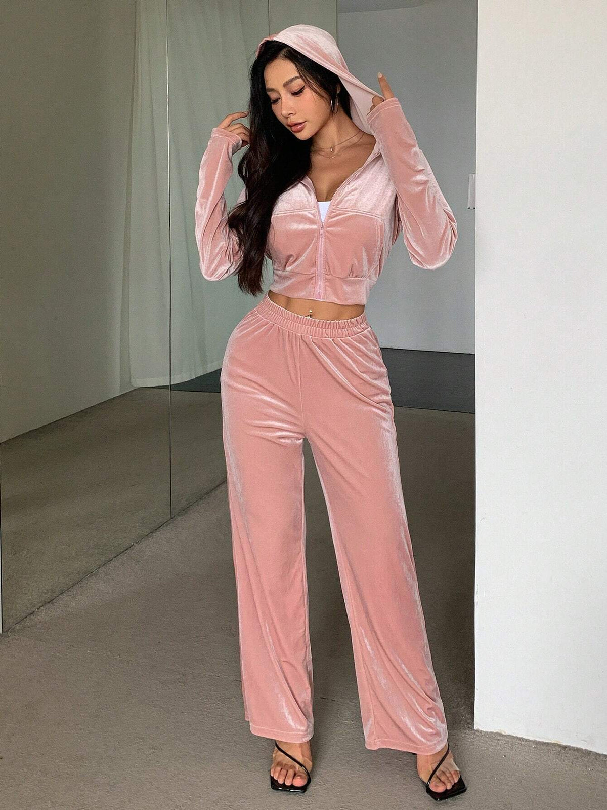 DAZY Short Hooded Sweatshirt With Elastic Waist Long Pants 2-Piece Set