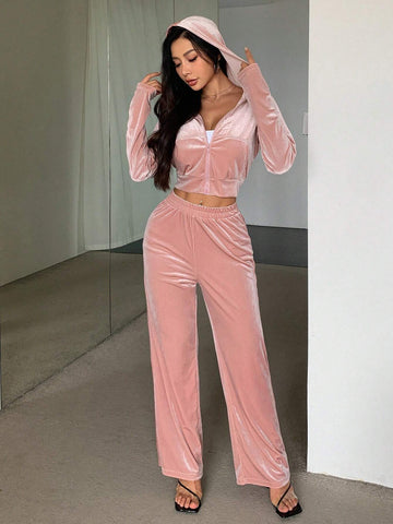 DAZY Short Hooded Sweatshirt With Elastic Waist Long Pants 2-Piece Set