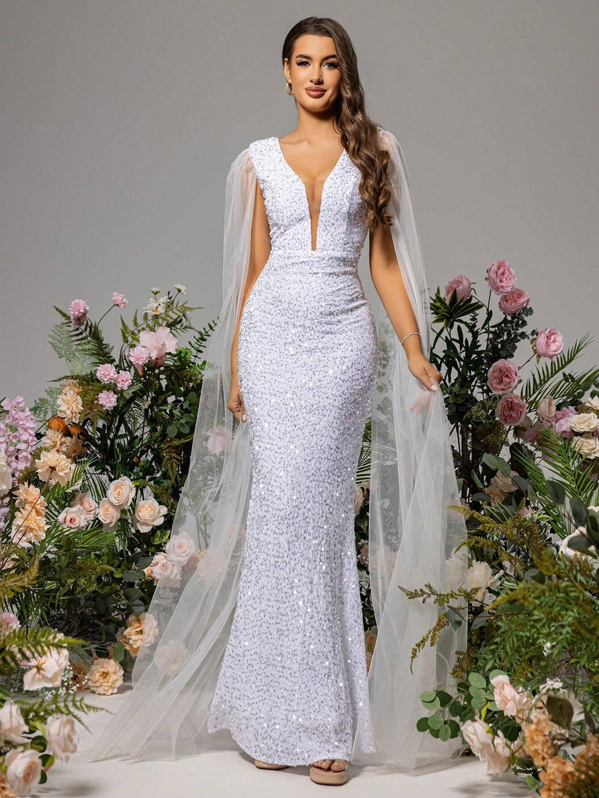 LOVE&LEMONADE Deep V-Neck White Wedding Dress With Mesh Splicing And Shoulder Floats