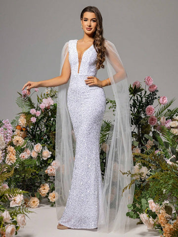 LOVE&LEMONADE Deep V-Neck White Wedding Dress With Mesh Splicing And Shoulder Floats