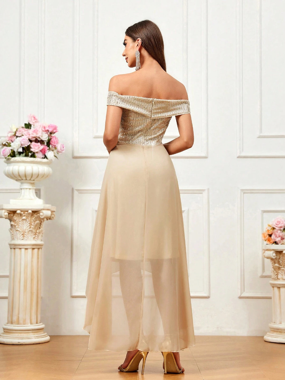 Women Glittering Off Shoulder Dress With Asymmetrical Hem For Evening Party