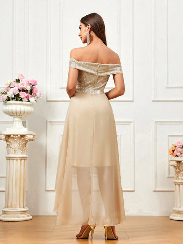 Women Glittering Off Shoulder Dress With Asymmetrical Hem For Evening Party