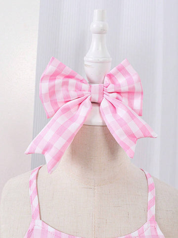 Young Girls Pink Plaid Mesh Tutu Dress With Shoulder Straps
