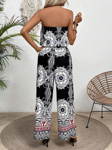 Women Floral Print Holiday Style Strapless Jumpsuit With Loose Fit