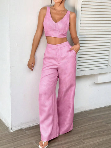 Women Summer 2-Piece Set - Short Pink Top And Wide-Leg Pants