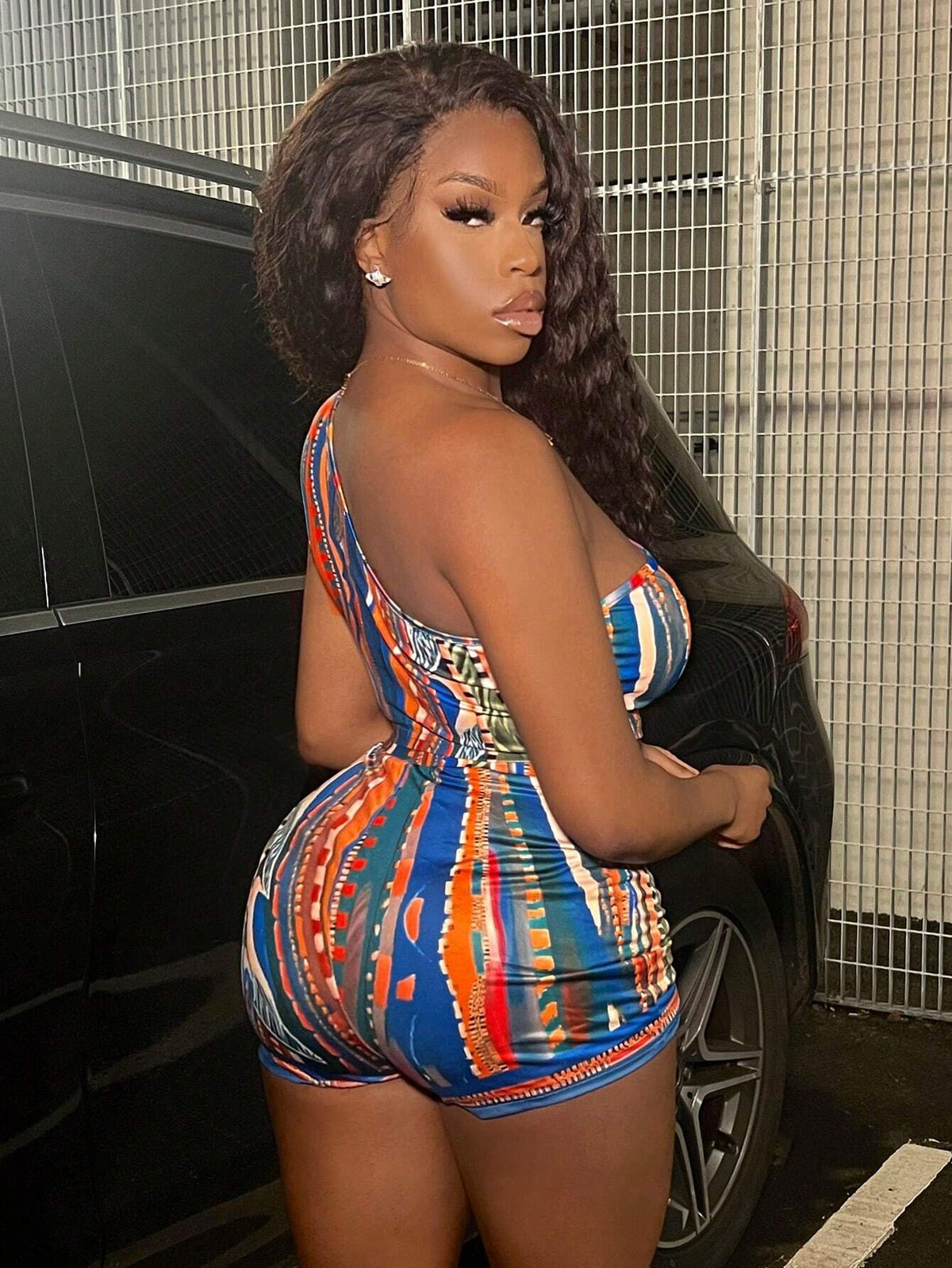 New Arrivals Music Festival Simple Street Sexy Sleeveless One Shoulder Crop Top And Shorts Set Women Two Piece(H)