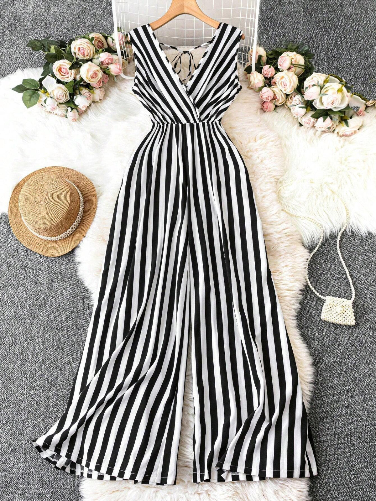 Vacation Casual Black-And-White Striped Wide Leg Jumpsuit With Cinched Waist