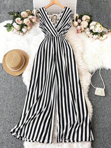 Vacation Casual Black-And-White Striped Wide Leg Jumpsuit With Cinched Waist