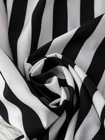 Vacation Casual Black-And-White Striped Wide Leg Jumpsuit With Cinched Waist