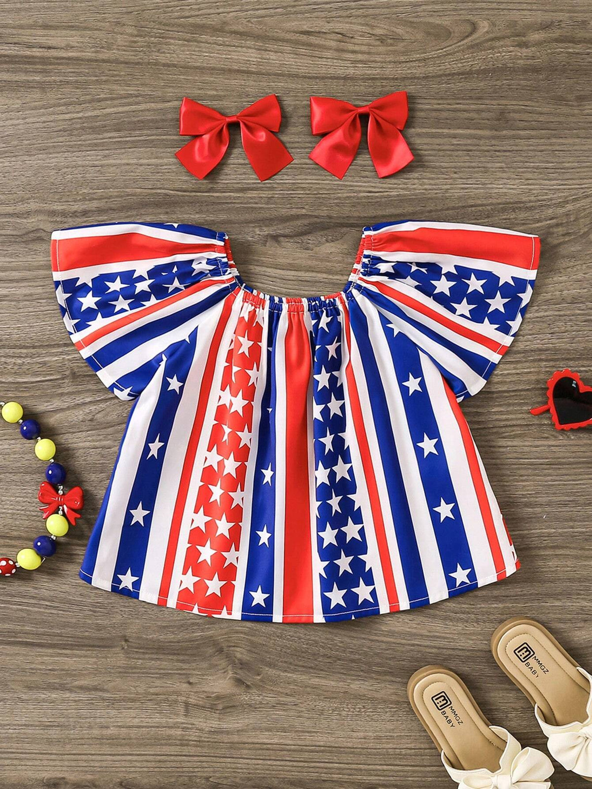Young Girl Woven Striped Loose Fit Casual Shirt With Star Pattern