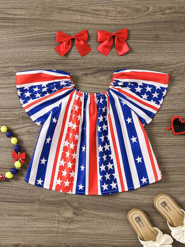 Young Girl Woven Striped Loose Fit Casual Shirt With Star Pattern
