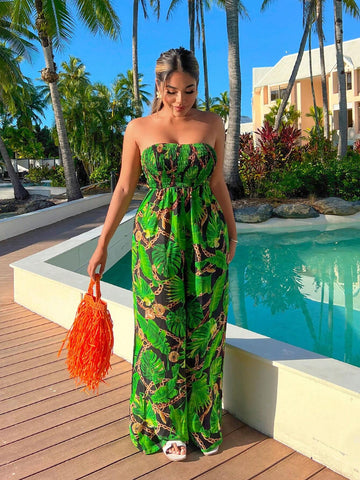 Holiday Strapless Wide Leg Jumpsuit For Women With Tropical Plant Chiffon Print And Loose Fit