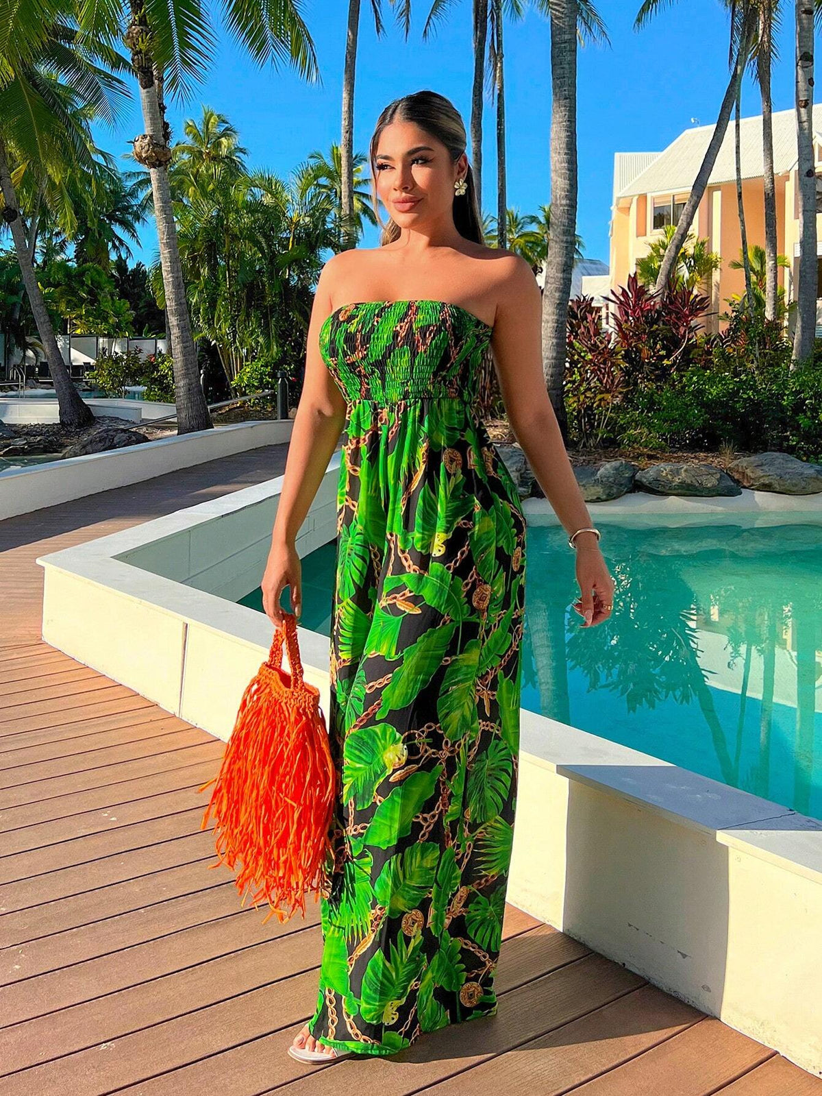 Holiday Strapless Wide Leg Jumpsuit For Women With Tropical Plant Chiffon Print And Loose Fit