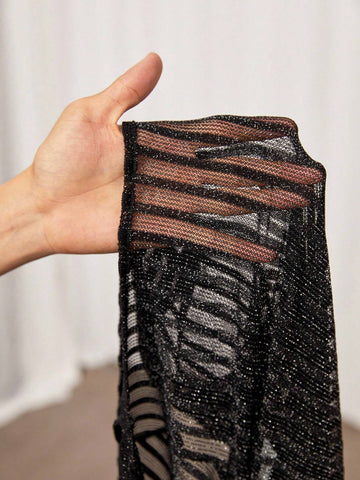 Black See-Through Striped Mesh Hollow Out Sexy Backless Long Sleeve Summer Bodysuit