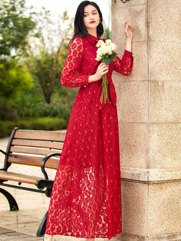 Heavy Lace Elegant Women's Long Sleeve Formal Evening Dress