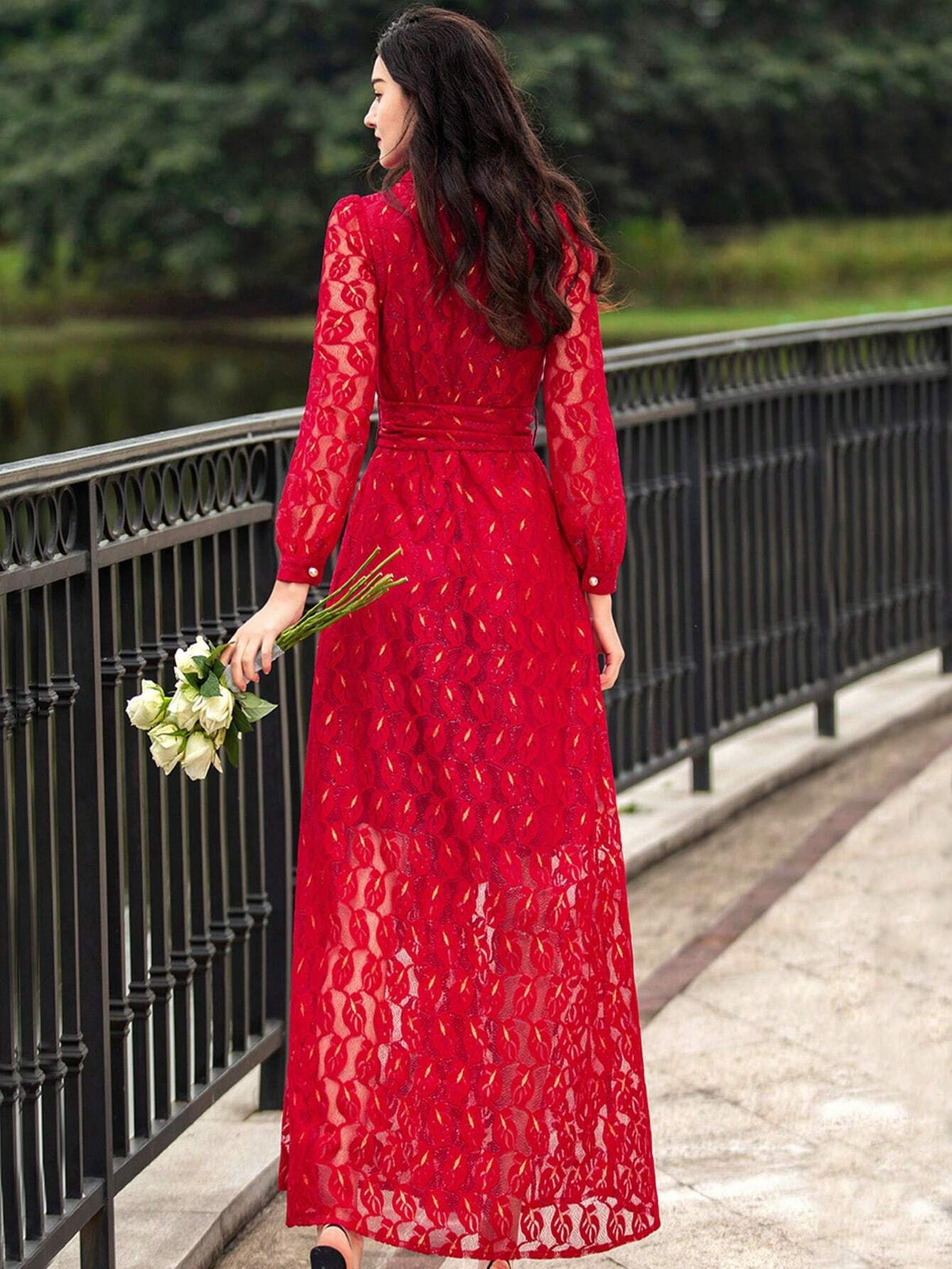 Heavy Lace Elegant Women's Long Sleeve Formal Evening Dress